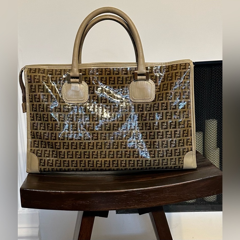 Authentic large Vintage fendi monogram leather and coated vinyl satchel bag